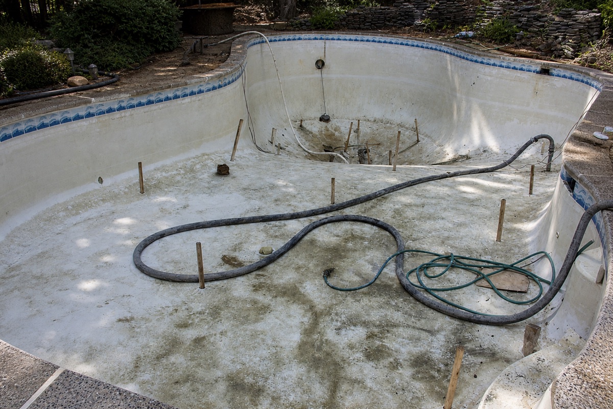 Drained freeform pool with waterline tile, hoses, and floor stakes during a remodel.
