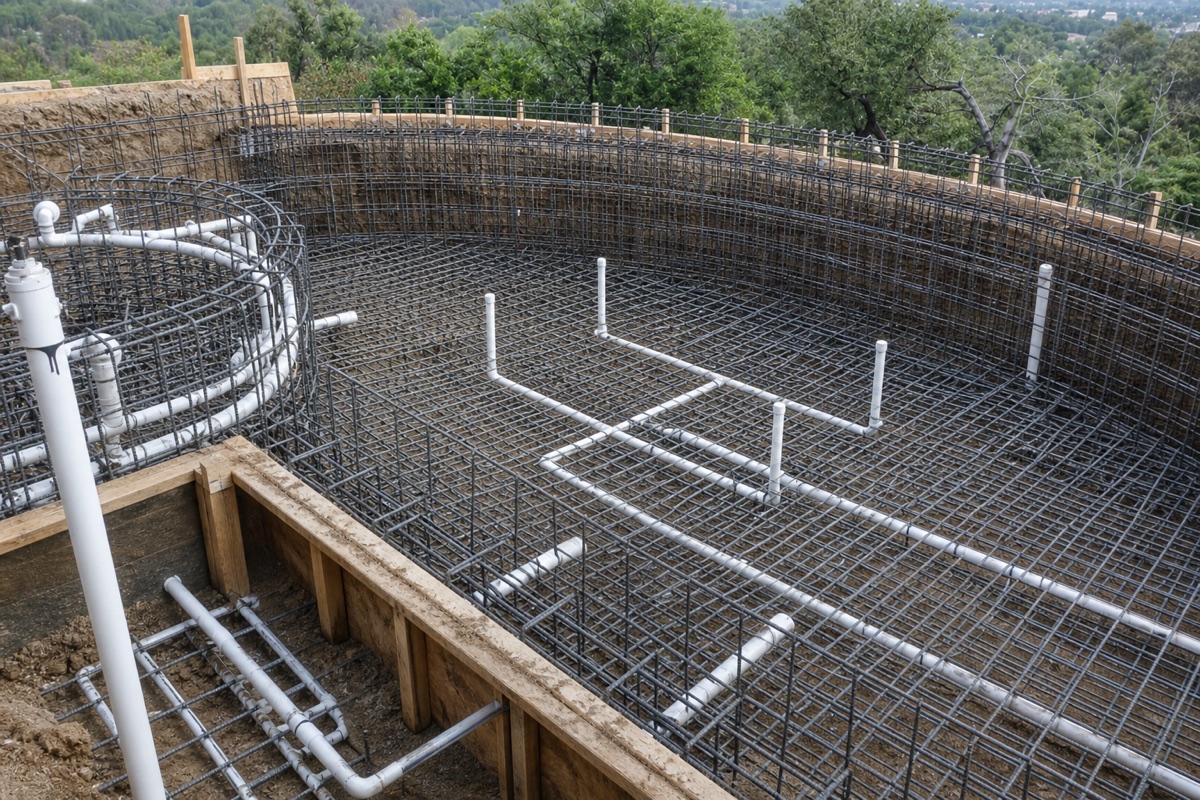 Steel and plumbing in an open pool hole, the stage the checklists are meant to prepare.
