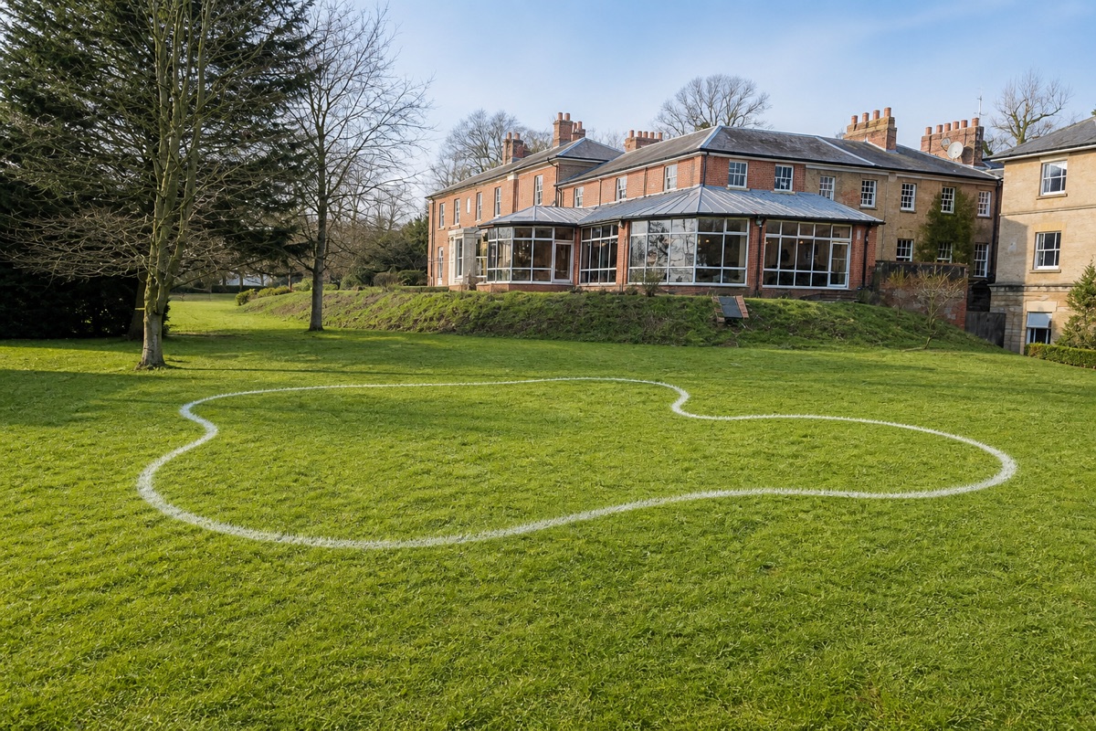 Lawn marked with a white outline for a future freeform pool in front of a house.