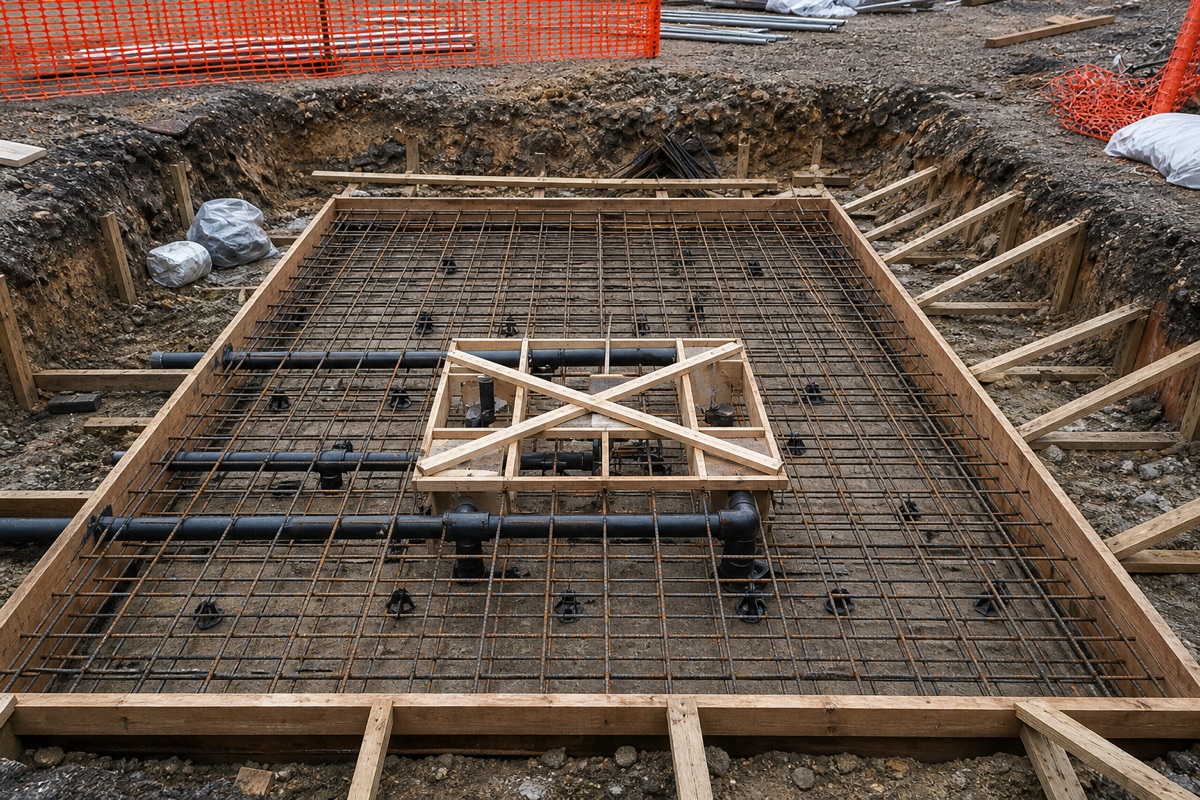 Rebar grid in wooden formwork with plumbing sleeves before a concrete pool pour.